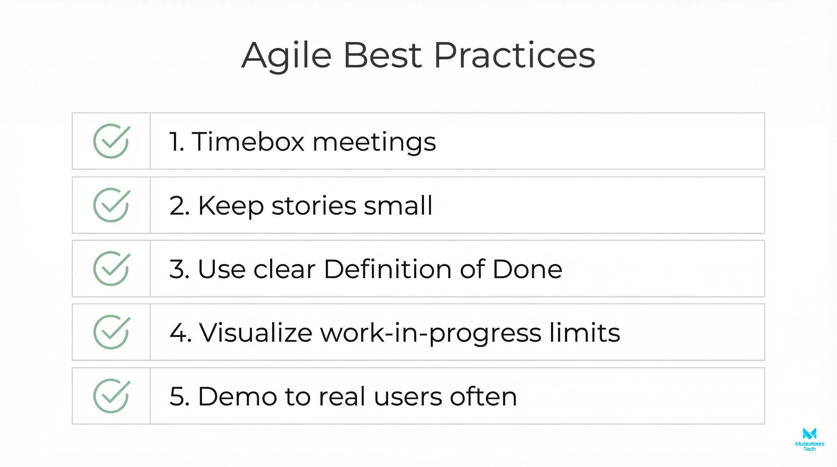 Checklist infographic of five Agile best practices including Definition of Done, small increments, stakeholder reviews, CI/CD with automated tests, and limiting WIP to improve flow.